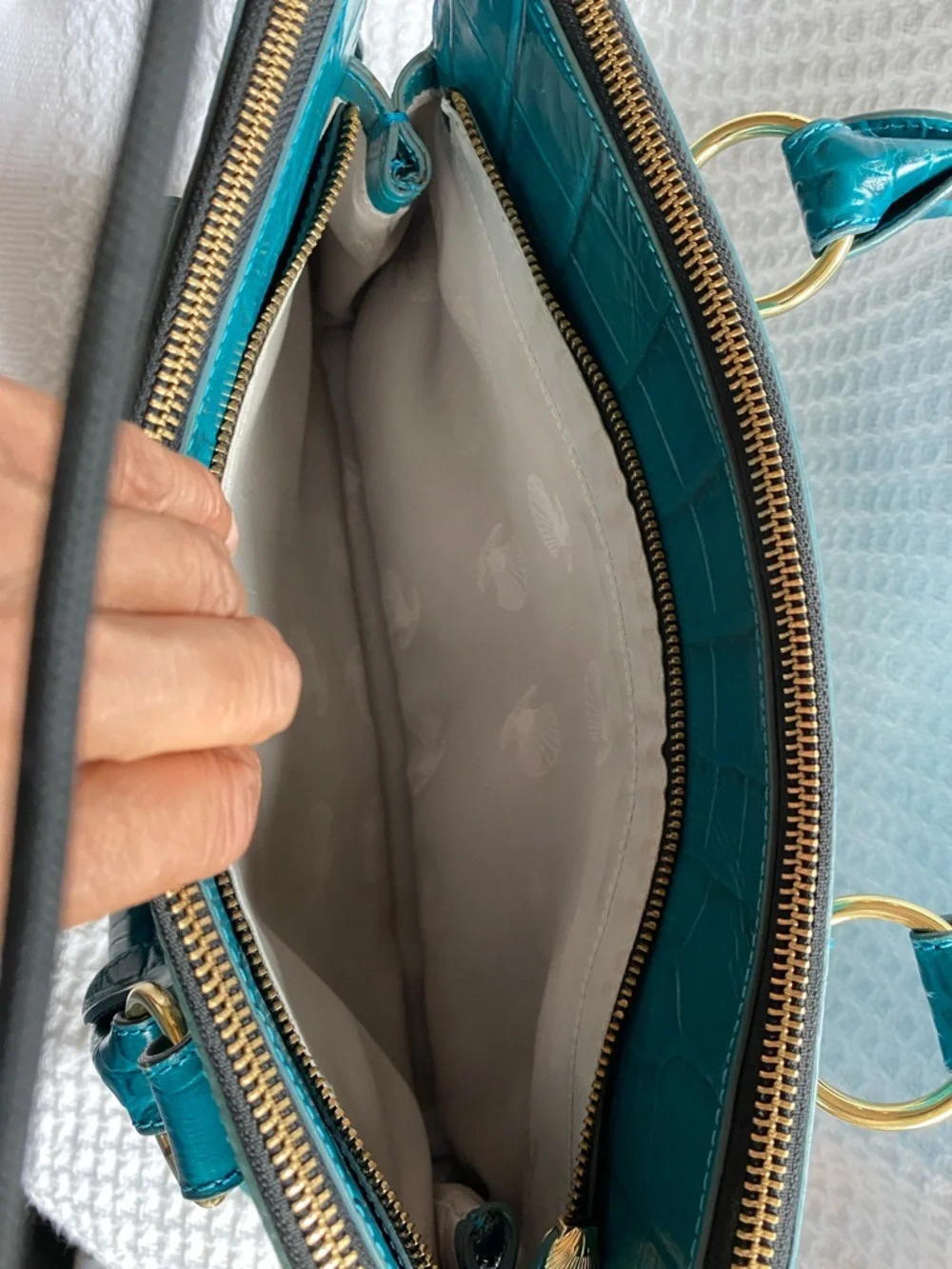 Modalu Teal Leather Croc-Embossed Satchel with Gold Hardware